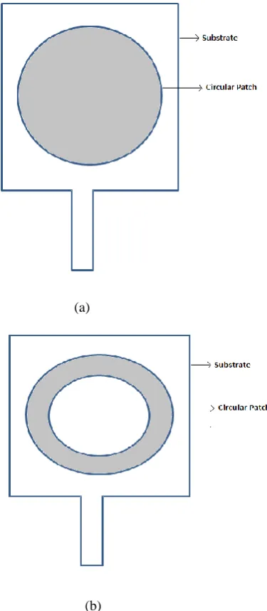 Figure 1: Structure of circular patch antenna (a) Simple circular patch antenna (b) circularly etched patch antenna 
