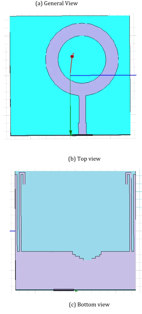 Figure 2: HFSS Design of proposed Antenna views (a) General view (b) Top view (c) Bottom view 