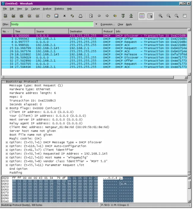 Figure 2 Wireshark window with first DHCP packet – the DHCP Discover packet –  expanded
