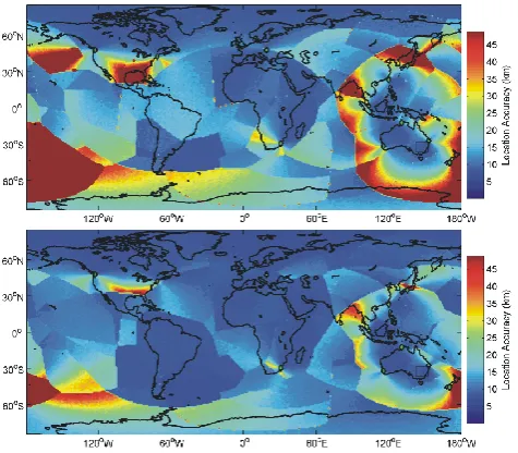 Fig. 11. An estimate of the global location accuracy of the 11 re-ceiving station WWLL network listed in Table 1, assuming a 35 µstiming error