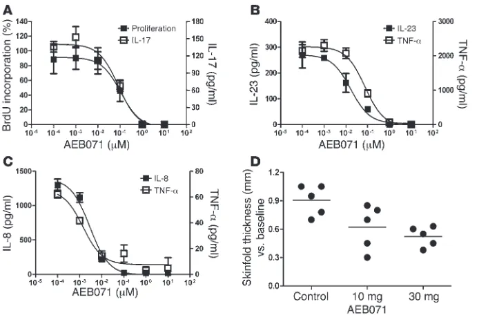 Figure 1AEB071 inhibits T cell proliferation, cytokine production in vitro, and acute contact dermatitis in vivo