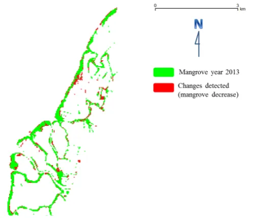 Figure 6. Mangrove forest extraction derived from a supervised classification method. Green color represents mangrove, while blue color represents water bodies (sea water, fishponds, and river)