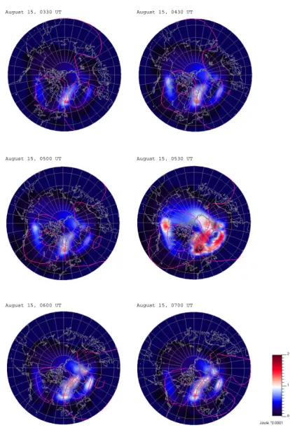 Fig. 7. Joule heating power color-coded in the simulation at six moments of time during the August 2001 substorm, units Wm−2.