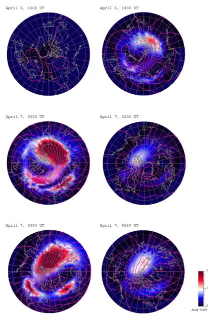 Fig. 4. Joule heating power color-coded in the simulation at six moments of time during the April 2000 storm, units Wm−2.