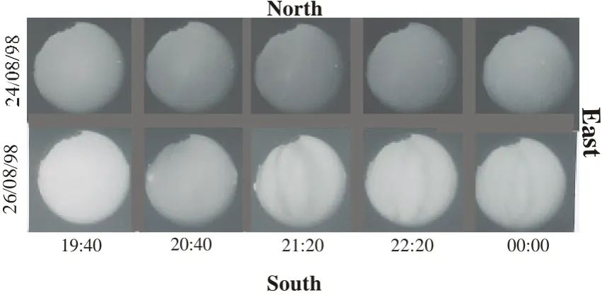 Fig. 3. Sequences of the OI 630 nm emission images observed on the nights of 24 August (quiet geomagnetic conditions) and 26 August(disturbed geomagnetic conditions) 1998