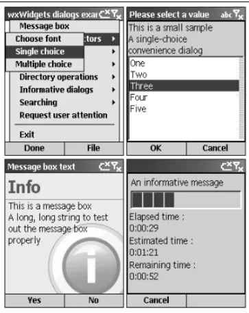 Figure 1-7 The wxWidgets “dialogs” demo on Smartphone 2003