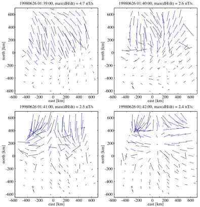 Fig. 4. As Fig. 3, but for time-derivatives of the magnetic ﬁeld at four consecutive minute intervals in the BEAR region on 26 June 1998.Fig