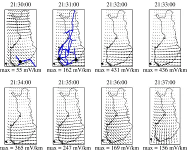 Fig. 7.Fig. 7. Snapshots of the calculated electric ﬁeld on 11 April 2001, using the local 1-D method and the Earth model of Table 2