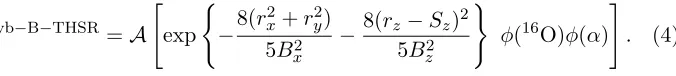 Figure 2: Nucleon-density distribution of the 2α prolate THSR wave function with(βx, βy, βz) = (1.78,1.78,8.75 fm) [10] (left)