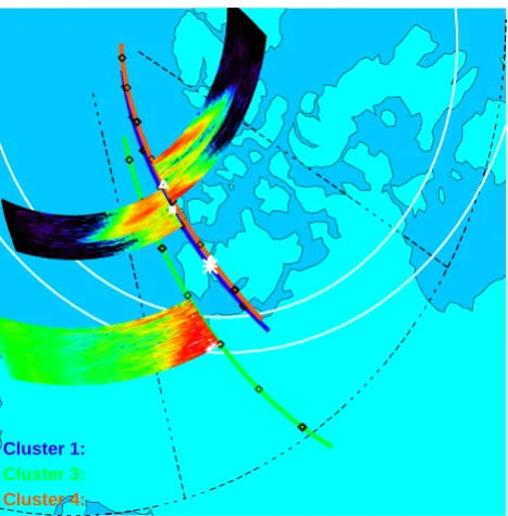Fig. 6. Composite plot of Cluster magnetic footpoints and iono-spheric convection streamlines for 25 July 2001, at 23:37 UT