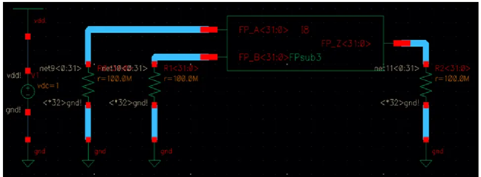 Figure 11: Simulation setup for floating point subtractor The simulation result along with the output current waveform is shown in figure 12