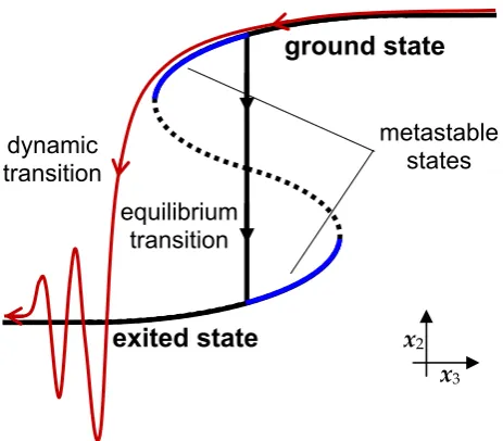 Fig. 10. The diagram of different transitions in a two-level system.The coexistence manifold and corresponding transitions from theground to the exited state are shown in x1 − x3 plane
