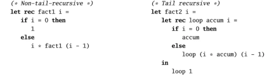 Figure 5.1: Two versions of a factorial function. The version on the right is tail- tail-recursive