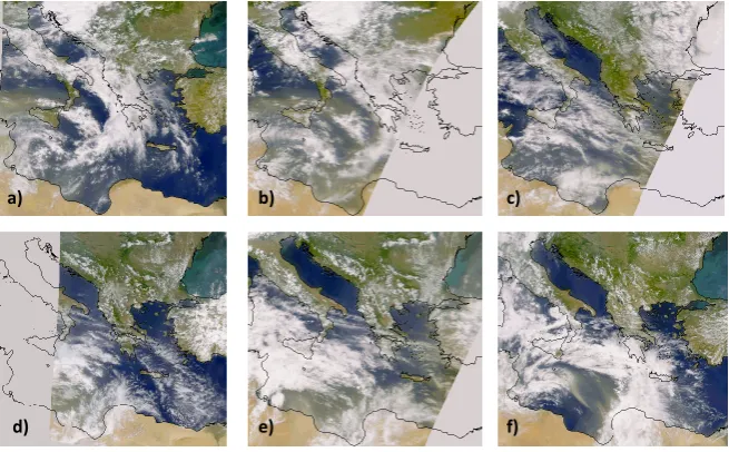 Fig. 12. Quasi True Color satellite images: (a) 22 May 2000 at 10:36 a.m., (b) 22 May 2000 at 12:14 a.m., (c) 24 May 2000 at 12:02 a.m.,(d) 26 May 2000 at 10:15 a.m., (e) 26 May 2000 at 11:51 a.m., (f) 27 May 2000 at 10:57 a.m.
