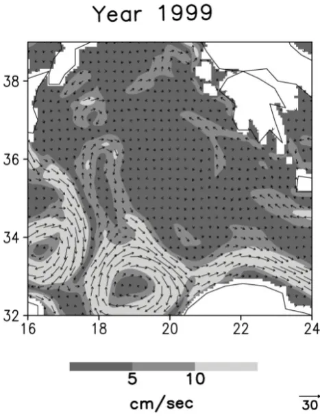 Fig. 2. Simulated current horizontal velocities (cm s−1) in the Io-nian Sea at 30 m depth averaged over the year 1999