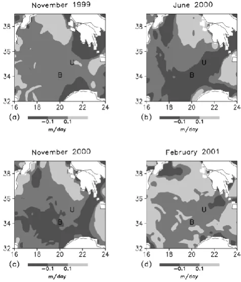 Fig. 4. Simulated current vertical velocities (m day−1) in the Io-nian Sea at 30 m depth in (a) November 1999, (b) June 2000, (c)November 2000, and (d) February 2001