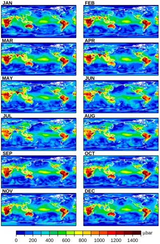 Fig. 10. Monthly mean amplitude of the S1(p) tide as deduced from ECMWF surface pressures.