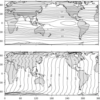 Fig. 5. Amplitude (µb) and Greenwich phase lags (degrees) of the S2(p) tide, calculated as described in the text