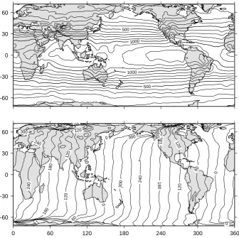 Fig. 7. Amplitude (µb) and Greenwich phase lags (degrees) of the S2(p) tide, as in Fig