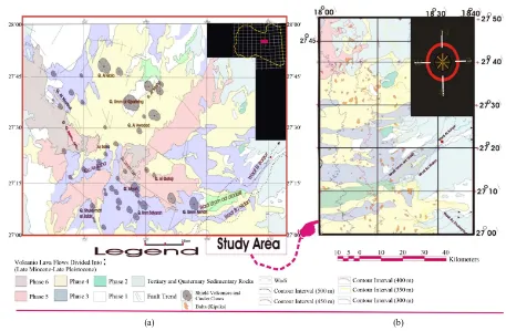 Figure 5. Geological map showing (a) The central part of al Haruj al Aswad, studied by Busrewill and Suwesi [2] and the north-eastern part of al Haruj al Aswad (study area) investigated in the present work; (b) Magnified geological map of the study area