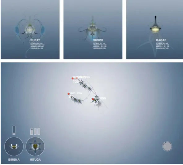 Figure 2.  EVOLUTION . Three evolved creatures and an ongoing fight between two species.