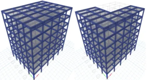 Fig 2:  3d plan of regular and L-shape building provided with dampers respectively. 