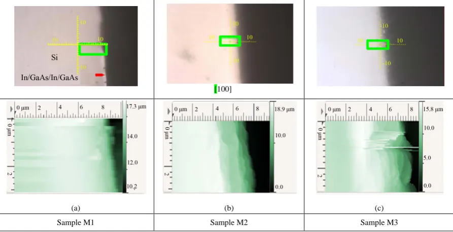 Figure 4. Optical images and the corresponding 3 × 10 μm2 AM-AFM topography images of the cross section, for each of the sample