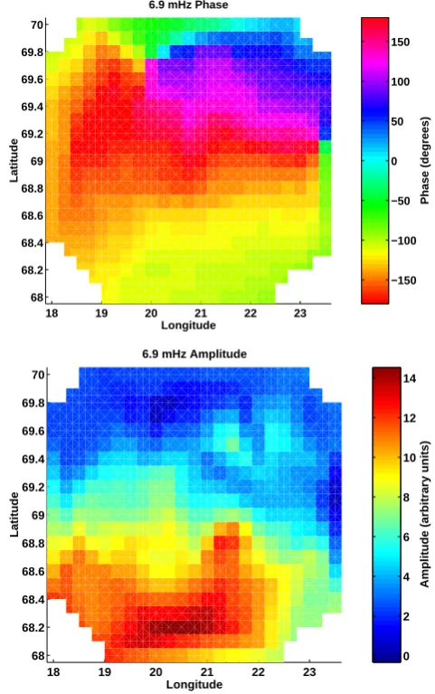 Fig. 4. Maps of the amplitude and phase of Event 1 in IRIS absorp-tion.