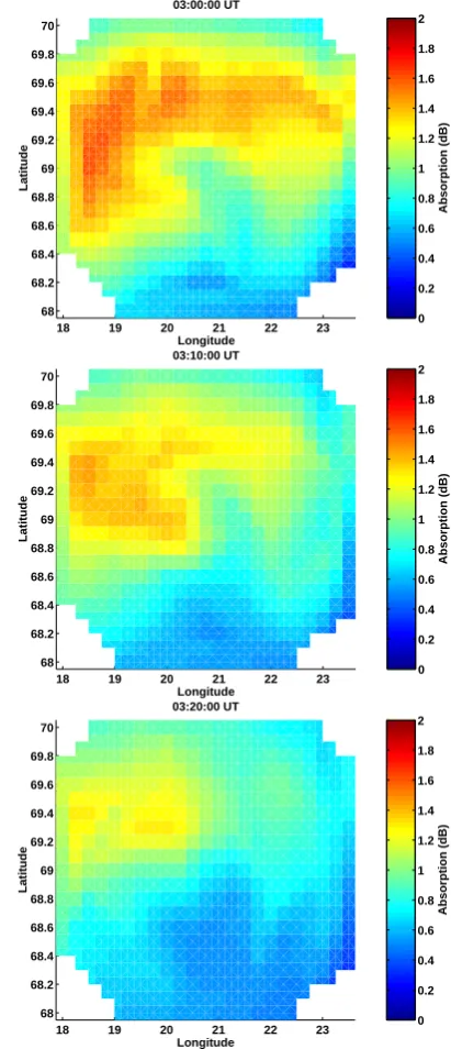Fig. 9. The background level of absorption during Event 2. Theseare a series of 10-min means starting at the times shown on eachplot.