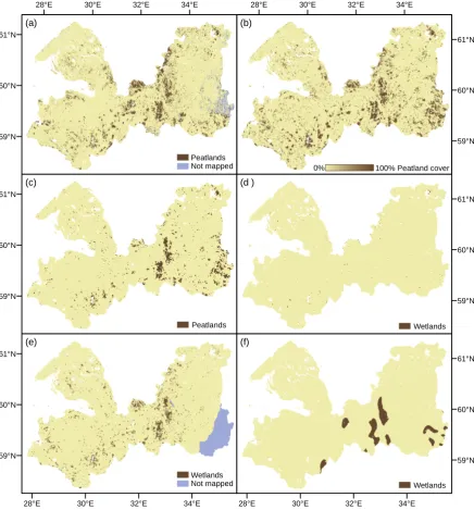 Fig. 2. Peatlands in the St. Petersburg region of Russia – representation on different maps: (a) LARSE land cover (Oetter et al., 2001),(b) LARSE peatland cover (Pﬂugmacher et al., 2007); (c) GLC2000 Northern Eurasia (Bartalev et al., 2003), (d) MODIS IGBP land cover(Friedl et al., 2002), (e) BALANS land cover (Malmberg, 2001), (f) Global Lakes & Wetland Database (Lehner and D¨oll, 2004).