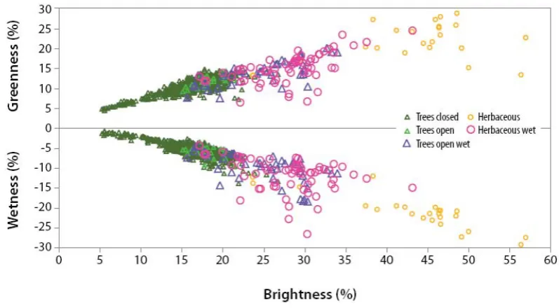 Fig. 3. Average reﬂectance of ground polygons in Tasselled Cap spectral indices of brightness, greenness, and wetness derived from LandsatETM+ 2 October 2000