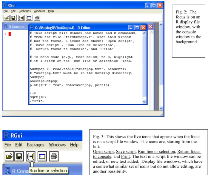Fig. 2:  The  focus is on an  R display file  window, with  the console  window in the  background