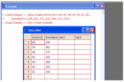 Figure 5: Editor window,  showing the data frame  elasticband. 