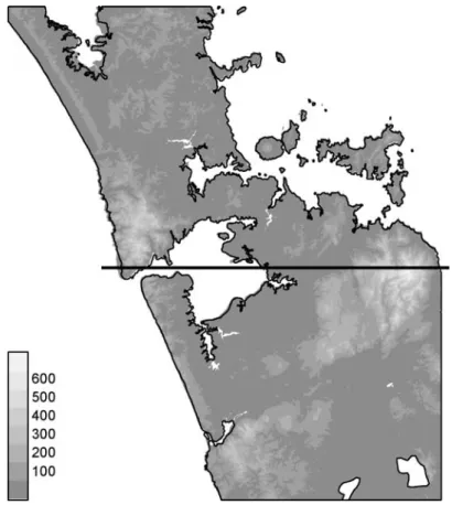 Fig. 2.7. SRTM elevation data in metres for the Auckland isthmus over-plotted with an excerpt from the GSHHS full resolution shoreline, including two lakes – there are detailed diﬀerences stemming from the very diﬀerent technologies underlying the two data