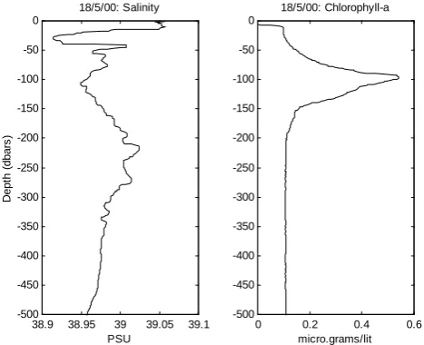 Fig. 9.Salinity and chlorophyll-a proﬁles at the M3A site on18 May 2000. Data were collected during a regular maintenancecruise of R/V Filia using a SBE-25 CTD.