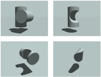 Figure 3.1: Boolean combinations of solids: A ∨ B, A ∧ ¬B, ¬A ∧ B, and A ∧ B.