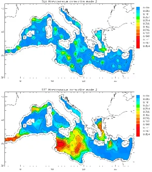 Fig. 8. SLA (a) and SSTA (b) homogeneous correlation maps relative to the second “gradient CPA” mode.