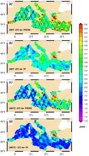 Fig. 1. Rms of the differences between NRT (near real time) and DT (delayed time) SLA maps