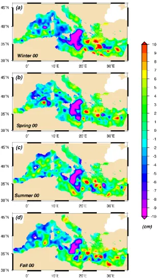 Fig. 3b. SLA seasonal means deduced from combined maps of T/P and ERS. Units are in cm.2000, (a) Winter 2000, (b) Spring 2000, (c) Summer (d) Fall 2000.