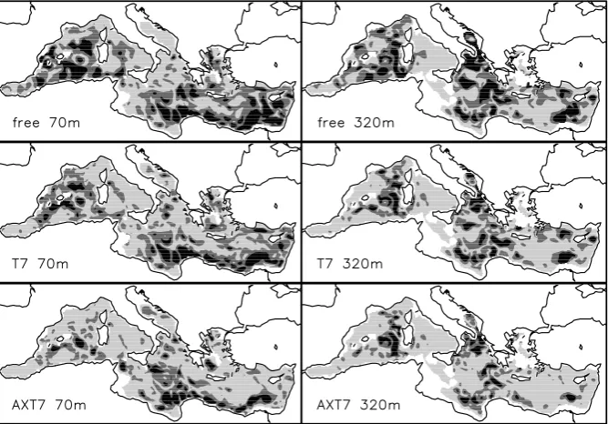 Fig. 9.Time-averaged (days 21–84)error in the summer OSSEs for se-lected sampling strategies and depths.Light grey corresponds to errors lessthan 0.5◦C at 70 m depth and 0.1◦Cat 320 m; black corresponds to errorsgreater than 1.0◦C at 70 m depth and0.2◦C at 320 m.