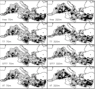 Fig. 10.Time-averaged (days 21–84) error in the winter OSSEs for se-lected sampling strategies and depths.Light grey corresponds to errors lessthan 0.3◦C at 70 m depth and 0.15◦Cat 320 m; black corresponds to errorsgreater than 0.6◦C at 70 m depth and0.3◦C at 320 m.