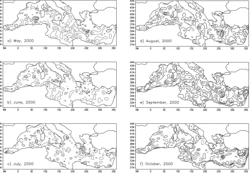 Fig. 7. Difference between monthly mean OA SLA computed only from satellite observations (see the text) and monthly mean of MFSPPSLA analysis for (a) May 2000, (b) June 2000, (c) July 2000, (d) August 2000, (e) September 2000, (f) October 2000