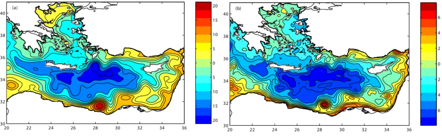 Fig. 8. (a) OGCM sea surface elevation field (5 September) as mapped onto ALERMO’s domain (b) ALERMO free surface elevation after