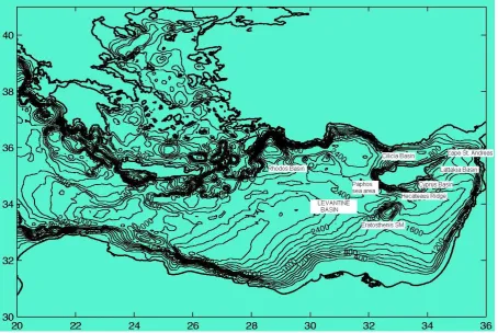 Fig. 3. Physiography and bathymetry of the eastern Mediterranean Sea. In the Levantine Basin some geographical names relevant to thenested CYCOM model for the Cyprus and NE Levantine basins are also shown.