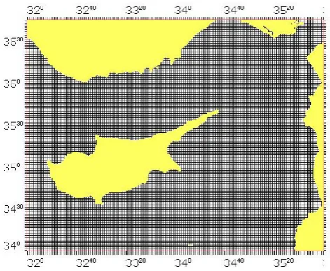 Fig. 4. CYCOM-Cyprus coastal ocean model domain with a hori-zontal resolution of 3×3 km and 30 vertical layers from the surfacedown to 2500 m.