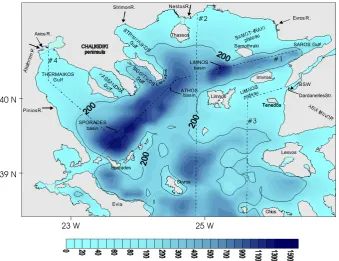 Fig. 1. The North Aegean Sea; arrows mark rivers and BSW (Black Sea Water) inputs; dashed lines mark transects used for the presentationof model results.