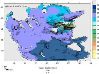 Fig. 2. Model computed salinity and current velocity at 2 m for the winter season (minimum velocity: 5 cm/s); red arrows denote dominantpathways for waters of BSW origin; curved black arrows mark prominent eddies.