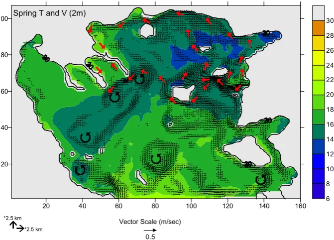 Fig. 3. Model computed temperature and current velocity at 2 m for the spring season (minimum velocity: 5 cm/s); red arrows denotedominant pathways for waters of BSW origin; curved black arrows mark prominent eddies.