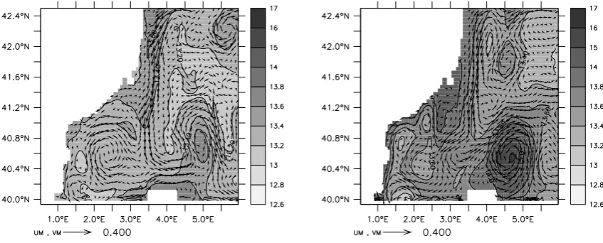 Fig. 11. Temperature (shaded, isotherms every 0.2◦C) and velocity (arrows, in m/s) at 100 m in the northern Balearic Sea.������������������������(b)I, (b)����������������������������������������������������(a) (a) August, year December, year II.
