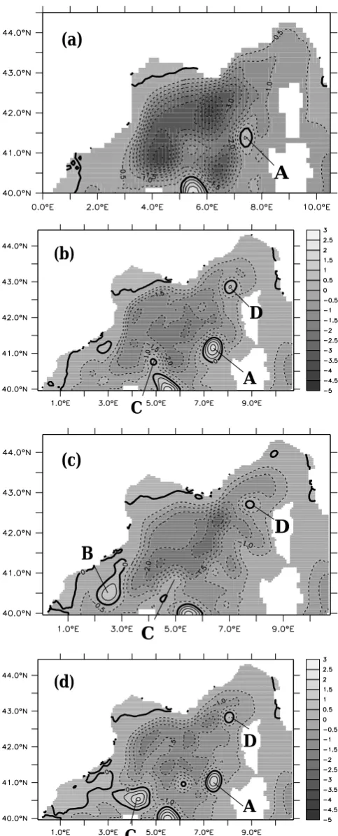 Fig. 3a). The anticyclonic eddy (A) northwest of Sardinia,also present in the GM, is particularly intense during year I(1.5–2 Sv) and year II (1.5 Sv), weaker in year III (less than